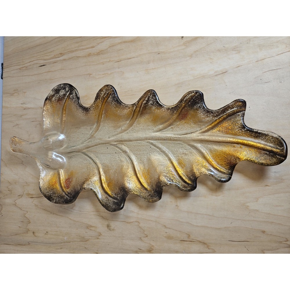 Vintage Art Glass Oak Leaf Serving Platter Amber Gold Brown 18x8.5 Decorative